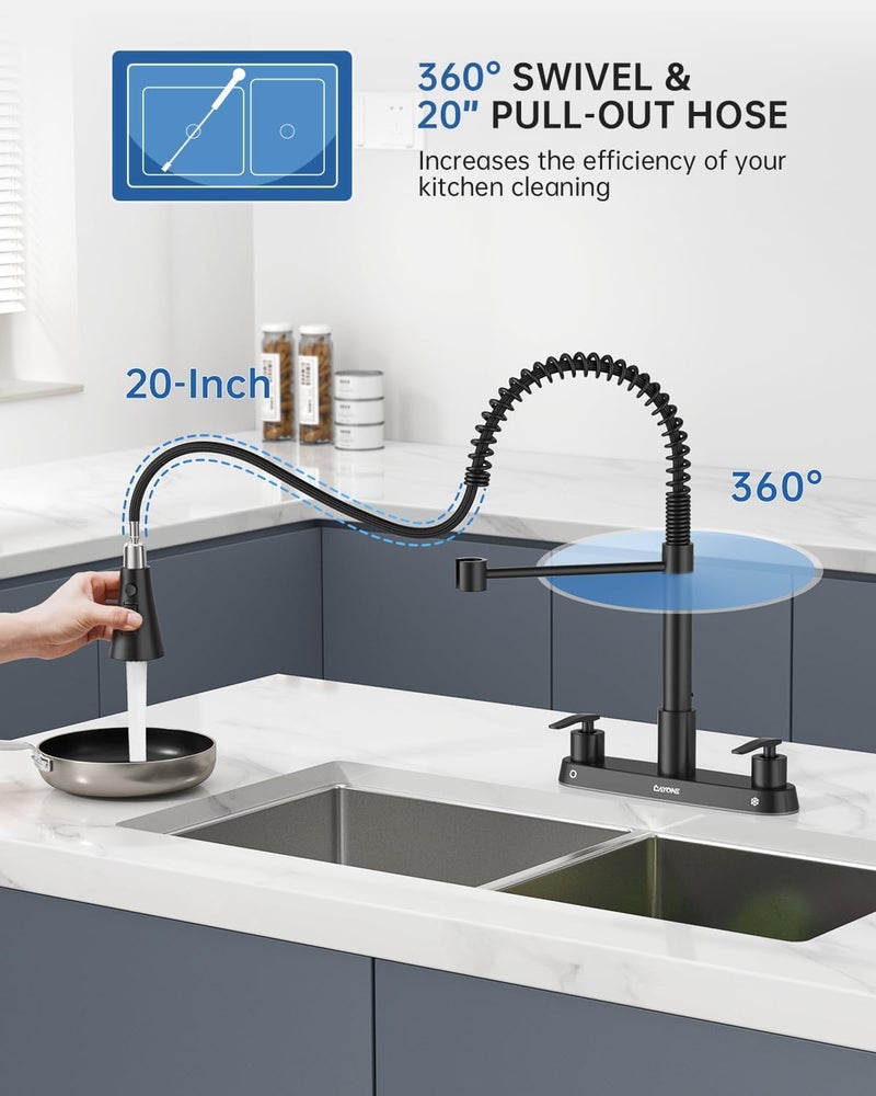 DAYONE Two Handles Kitchen Faucet with Pull Down Sprayer and Soap Dispenser, Spring Matte Black Pull Out Kitchen Sink Faucet for 3/4 Holes Sink, High Arc Stainless Steel Faucet for Kitchen Bar RV - Image 4